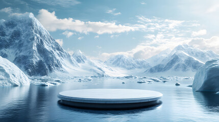 Floating White Platform in Icy Arctic Landscape with Snowy Mountains