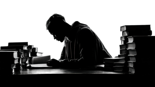 Studying silhouette scene library dramatic side view, isolated on transparent background, png