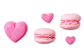 Pink hearts and macarons isolated on white transparent background