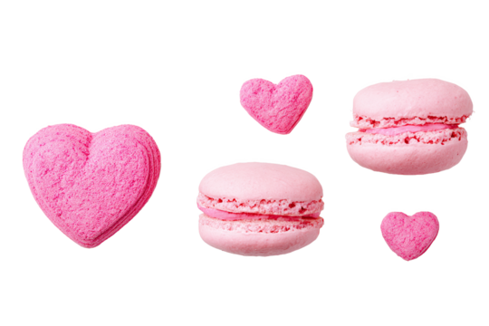 Pink hearts and macarons isolated on white transparent background