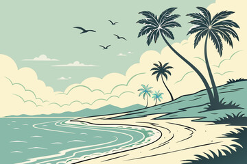 Tropical beach scene with palm trees and ocean waves vector