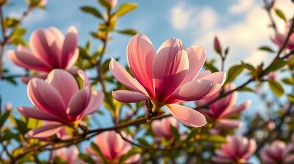 A vibrant pink magnolia blossom unfolds in a close-up macro view, its delicate petals showcasing the beauty of a spring garden