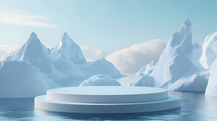 A white platform in front of icy mountains and blue water