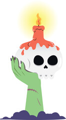 Zombie hand holding candle with decoration of Halloween design. Decoration of Celebration Halloween party.