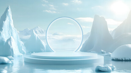 Futuristic Circular Platform in Icy Arctic Landscape with Mountains