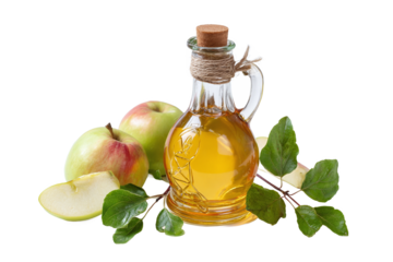 Apple Cider Vinegar in Glass Bottle with Fresh Apples and Leaves isolated on white transparent background