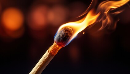 Close-up of a lit matchstick with a bright flame against a dark, blurred background.