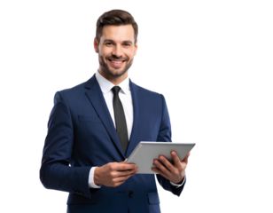 Smart and Handsome Businessman in Formal Attire Using a Tablet for Work, Focused isolated on a transparent background.