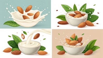 Almond Milk Splash 4x Realistic Composition,Creamy Texture,Natural Ingredients, Vegan Concept. Almond milk, vegan food
