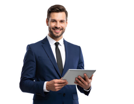 Smart and Handsome Businessman in Formal Attire Using a Tablet for Work, Focused isolated on a transparent background.