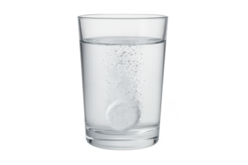 Effervescent tablet dissolving in a glass of water with transparent background