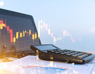 An abstract business graph on a blue cityscape skyline at night