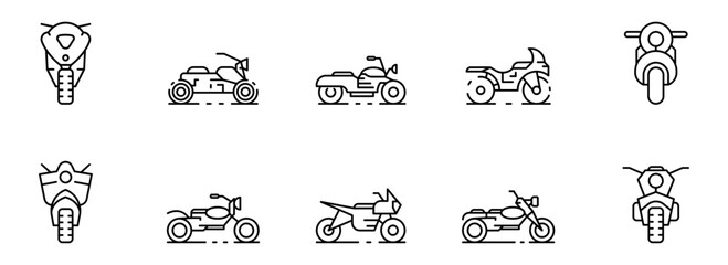 Collection of Modern Motorcycle and Tricycle Line Icons:  Clean, Minimalist Style, Perfect for App Design or Website Graphics.