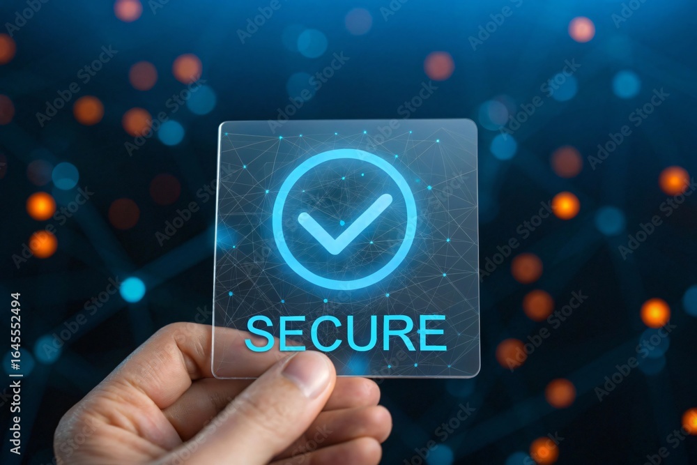 Poster hand holding transparent card with secure checkmark