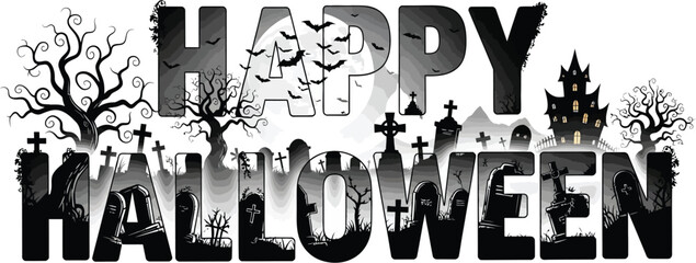 Happy Halloween spooky graveyard scene with bats, haunted house