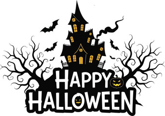 Spooky Halloween night with haunted house and bats against a moon