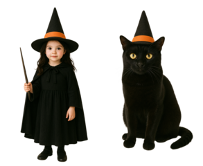 little girl in a halloween witch costume on a transparent background. witch girl. cat girl. werewolf. cat in a witch hat