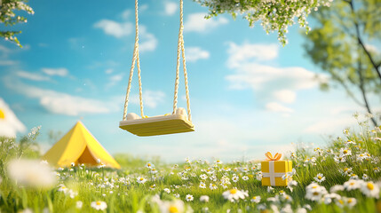 Yellow Swing Hanging Over Green Meadow with Tent