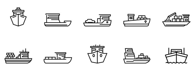 Collection of Minimalist Black Line Art Ship and Boat Icons: Cargo, Ferry, and Freight Vessel Illustrations for Maritime, Shipping, and Transportation Designs.