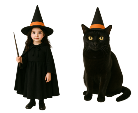 little girl in a halloween witch costume on a transparent background. witch girl. cat girl. werewolf. cat in a witch hat