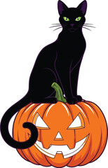 Black cat on glowing Halloween pumpkin for spooky seasonal designs