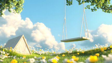 Peaceful Swing in Lush Green Meadow Under Fluffy Clouds