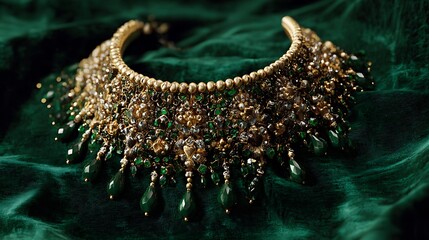 Opulent gold choker necklace on forest green velvet with luxury lighting