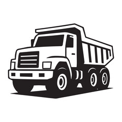 Black and white vector illustration of a dump truck, ideal for construction and industrial design use.
