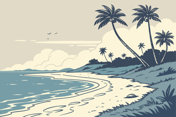 Tropical beach with palm trees and ocean waves sand