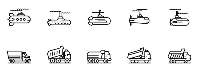 Collection of Simple Line Art Submarines and Dump Trucks;  Industrial, Transportation, and Nautical Icons;  Clean, Modern, and Minimalist Style.