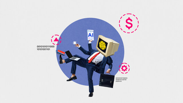 Surreal collage of businessperson with computer monitor head juggling technology and finance elements. Concept of multitasking, AI integration, and digital transformation in fast-paced corporate world