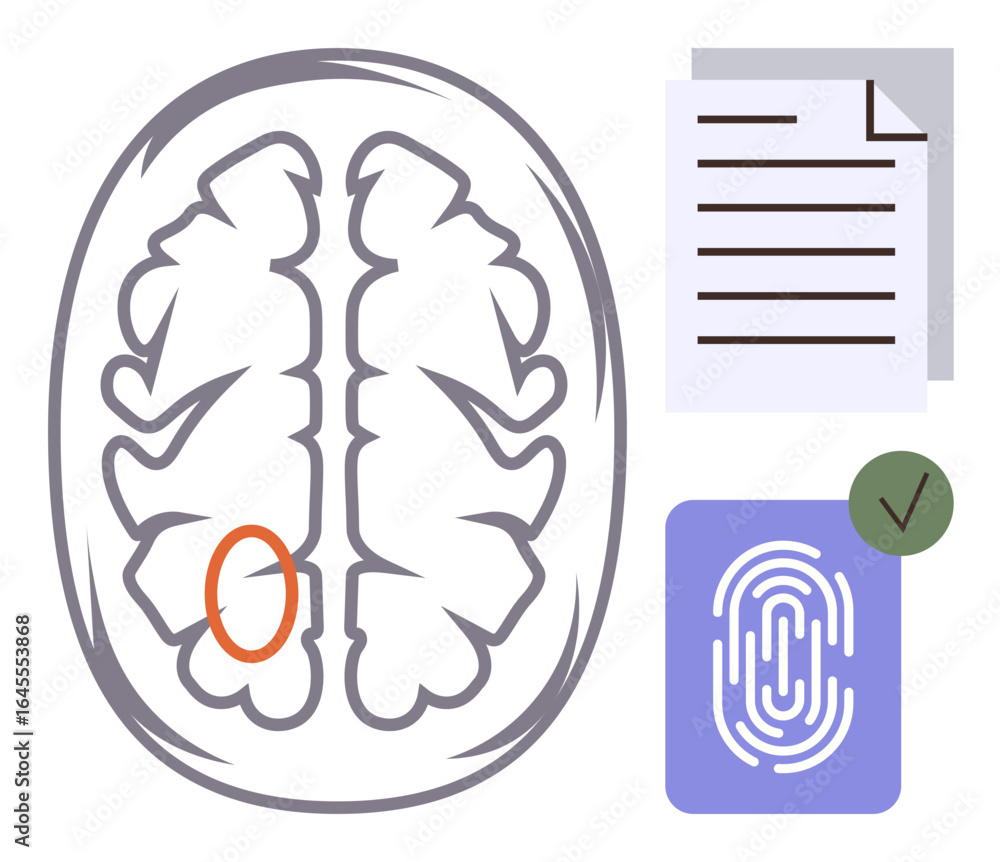Poster cross-section brain scan with highlighted area, document with text, fingerprint icon, and checkmark.