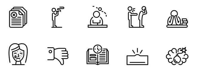 Collection of ten minimalist line icons depicting negative emotions, stress, failure, conflict, and deadlines; perfect for website design, app interfaces, or presentations.