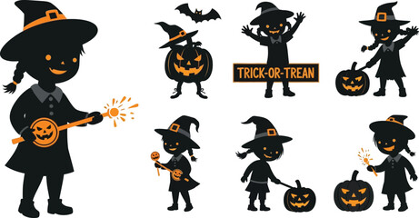 Spooky Halloween witch silhouettes with pumpkins and trick or treat sign