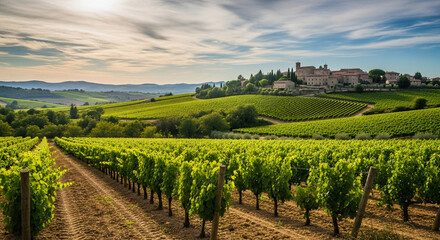 A vineyard with rows of grape vines leading to a town on a hill under a cloudy sky in the countryside
