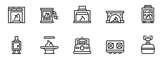 Collection of Modern Minimalist Fireplace and Stove Icons:  Clean Line Art, Warm and Cozy Home Heating Symbols.