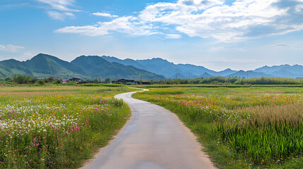 A scenic path through vibrant wildflower meadows with distant mountains under blue sky