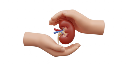 3d icon of hands protectively cradling a kidney, symbolizing organ health, medical care, and the importance of kidney donation isolated on transparent background