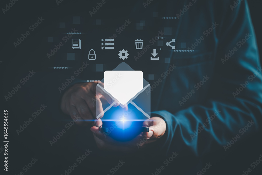Poster person using smartphone with digital email icon and communication symbols, representing online messa
