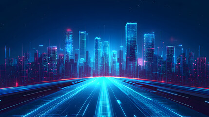Futuristic Urban Night Scene with Digital Light Trails