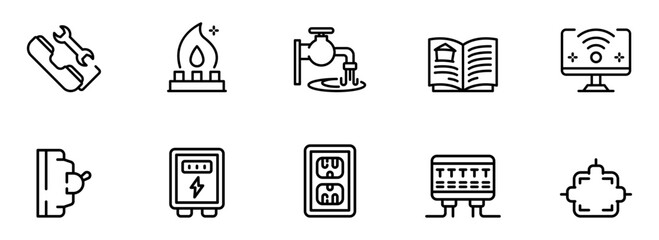 Modern Utility Icons: Gas, Water, Electricity, Smart Home, and Repair Guide Illustrations in Minimalist Line Art Style.