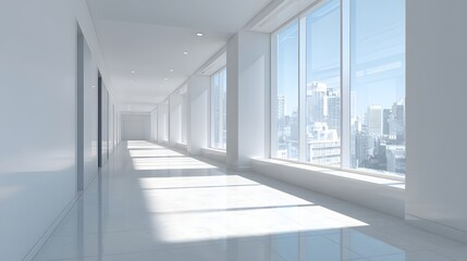 Obraz premium Empty, sunlit hallway with city views.
