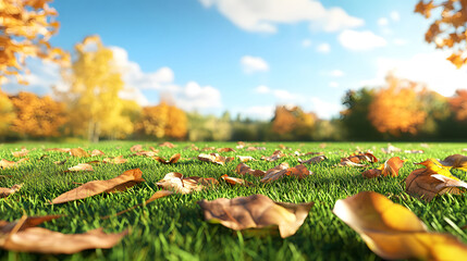 Vibrant autumn leaves scattered across green grass under blue sky