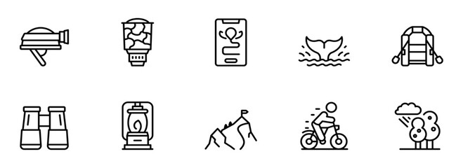 Adventure Icons:  Black Line Art Style;  Exploration, Travel, and Outdoor Recreation Symbols;  Minimalist Design;  Clean and Modern Aesthetic;  Perfect for App, Website, or Branding.