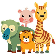 Naklejka premium Group of cute cartoon safari animals. Adorable baby zoo friends illustration isolated on white.