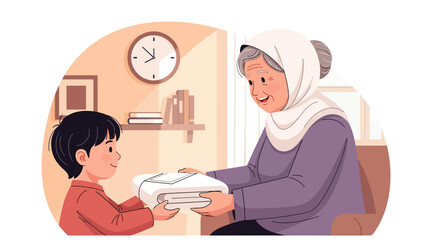 A young boy hands a neatly folded stack of white towels to his smiling grandmother, who is wearing a hijab, indoors.