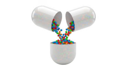 3d icon of a 3d rendering of an open white capsule with colorful spheres spilling out, isolated on transparent background, symbolizing medicine