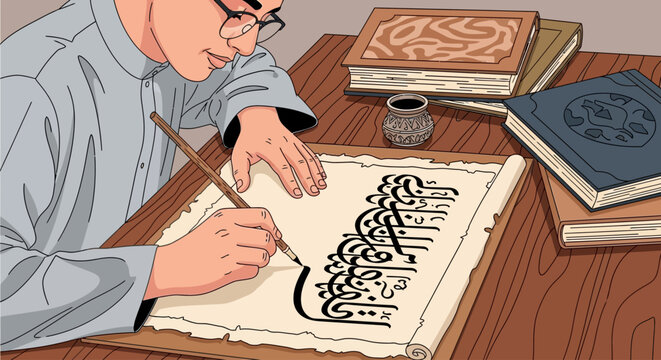 A young man meticulously writes calligraphy on a scroll, surrounded by ancient books.