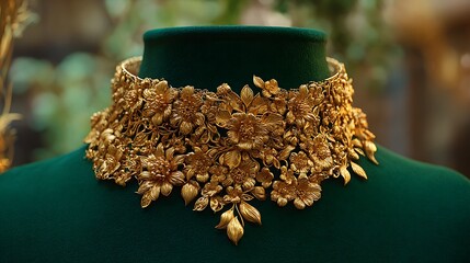 Opulent gold choker necklace on forest green velvet with luxury lighting