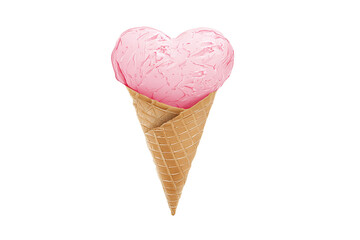 Pink Heart Ice Cream Cone, isolated on white transparent background